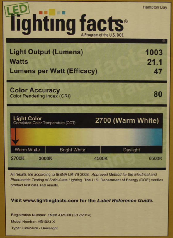 Example of a Lighting Facts label created by U.S. Department of Energy that includes information about LED lamp operating characteristics for visible light applications.
