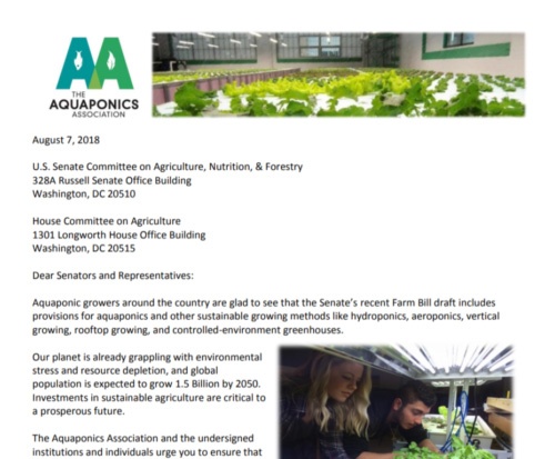 Aquaponics Association publishes letter and 300 signatures to Congress